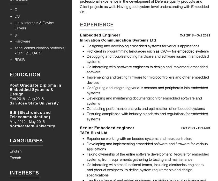 Embedded Engineer CV Sample