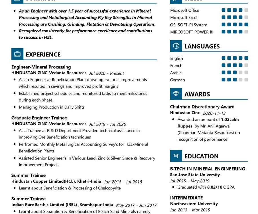 Engineer-Mineral Processing CV Example