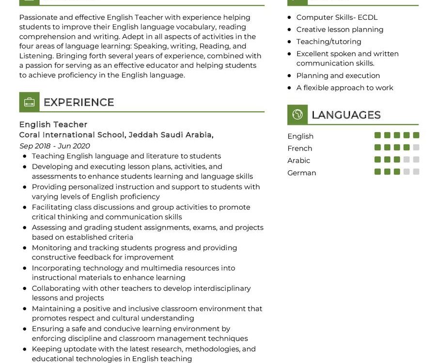 English Teacher CV Sample in 2025 - ResumeKraft