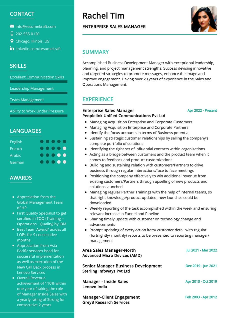 Enterprise Sales Manager CV Sample in 2024 - ResumeKraft