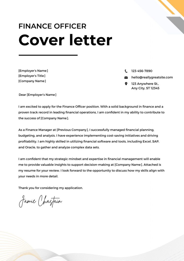 cover letter for financial officer position