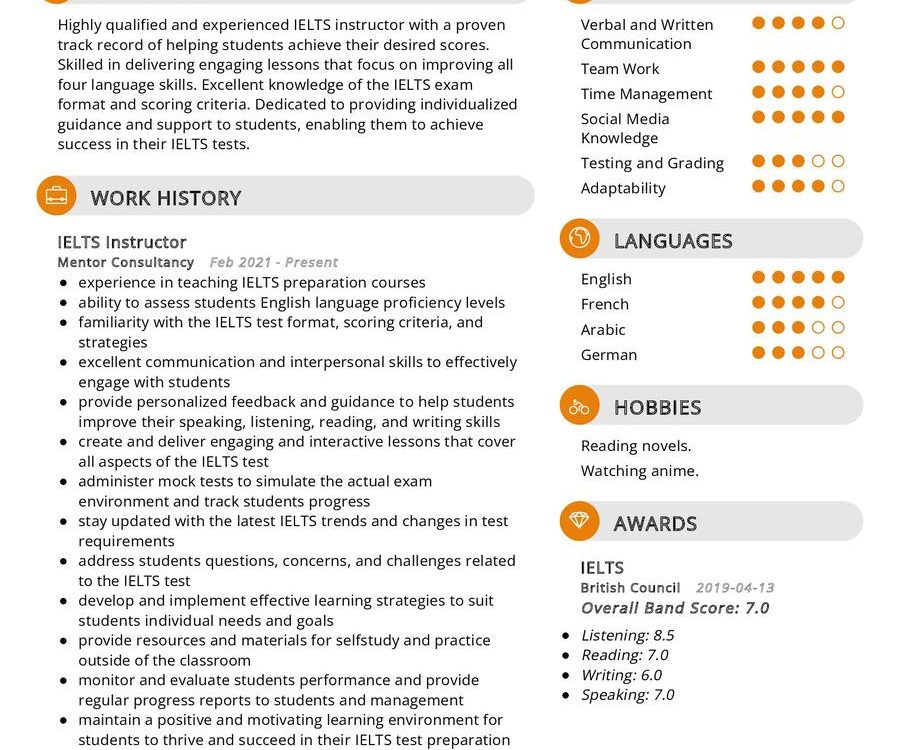 IELTS Instructor CV Example in 2024 - ResumeKraft