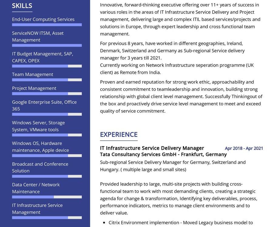 IT Infrastructure Project Service Delivery CV Sample