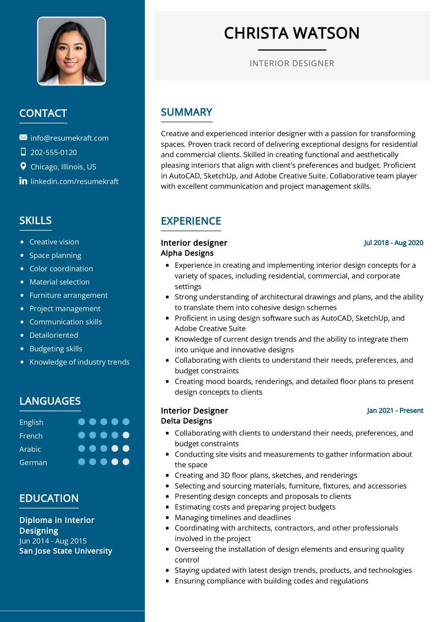 Interior Designer CV Example In 2024 ResumeKraft