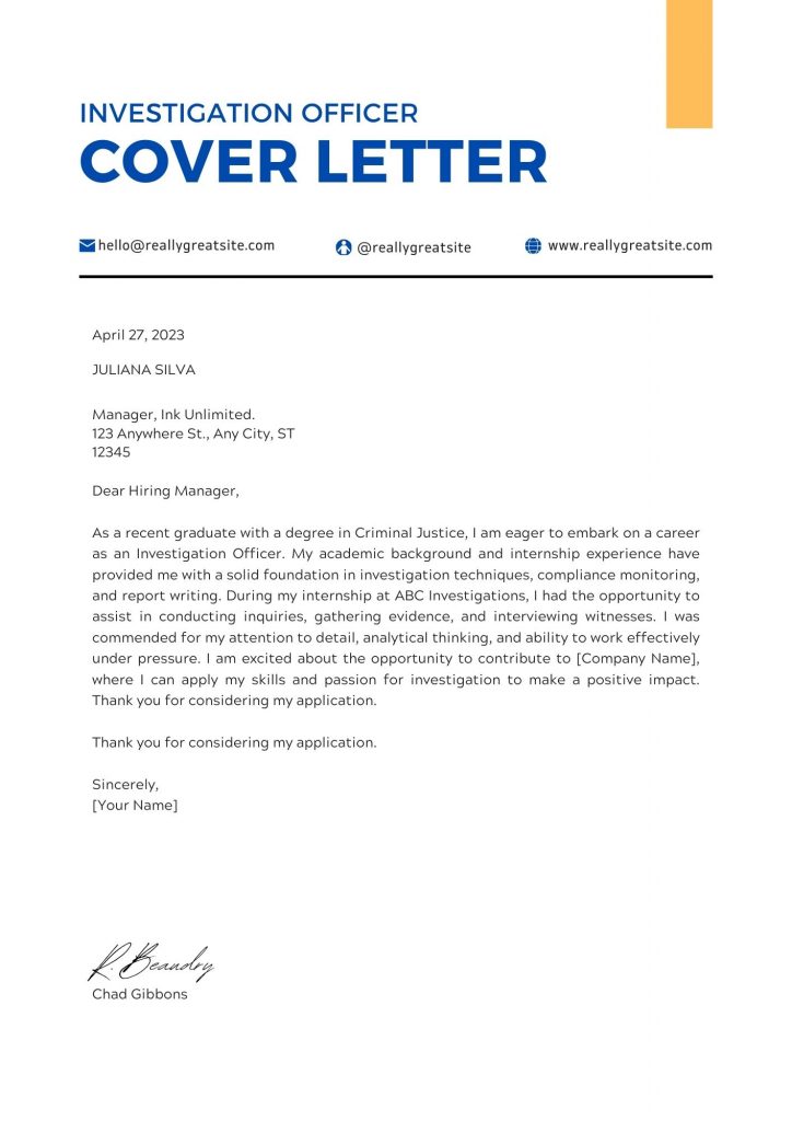sample cover letter for internal investigator position