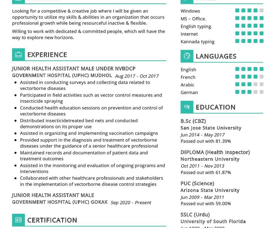 Junior Health Assistance CV Sample