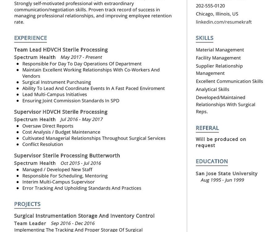 Lead Sterile Processing CV Example