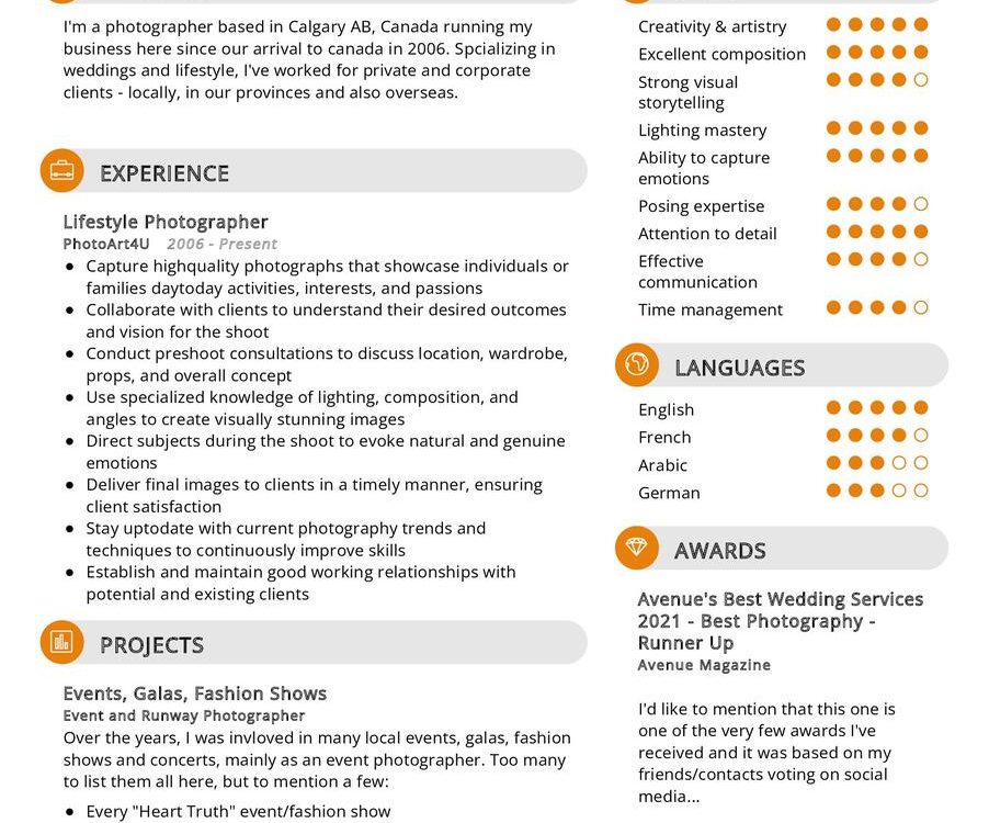 Lifestyle Photographer CV Sample