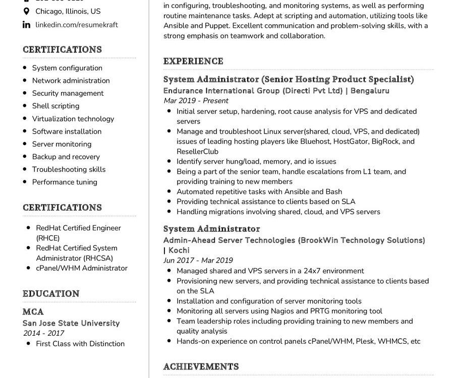 Linux System Administrator CV Sample in 2024 - ResumeKraft