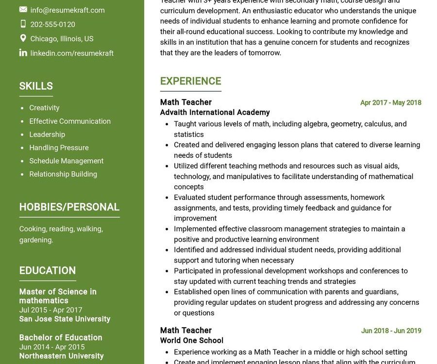 Math Teacher CV Sample
