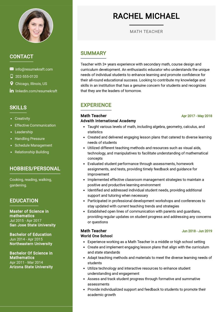 Math Teacher CV Sample in 2024 - ResumeKraft