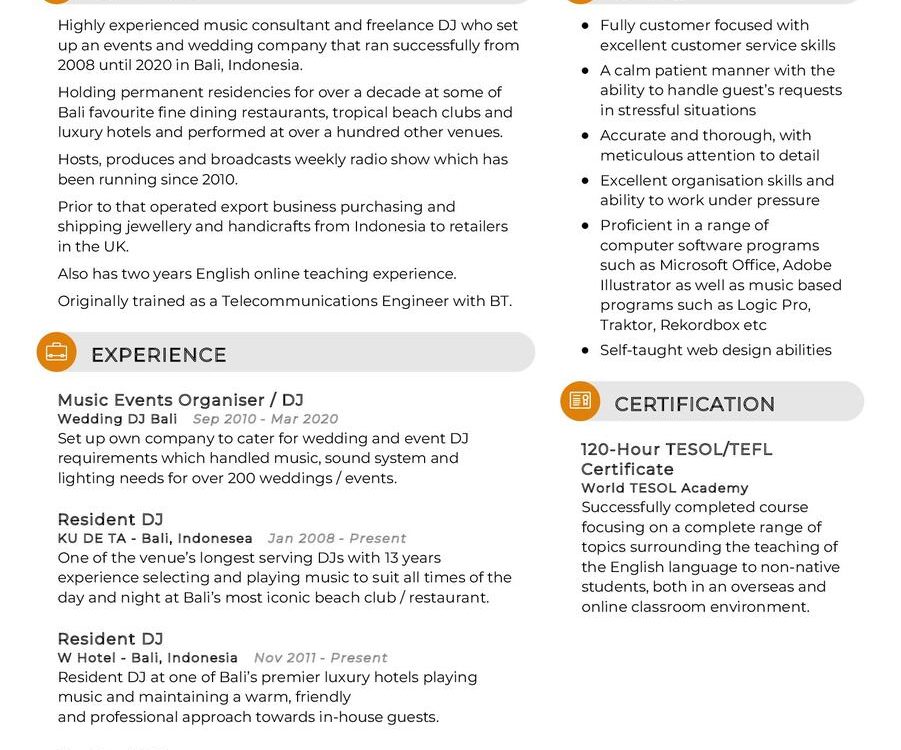 Music Events Organizer CV Sample