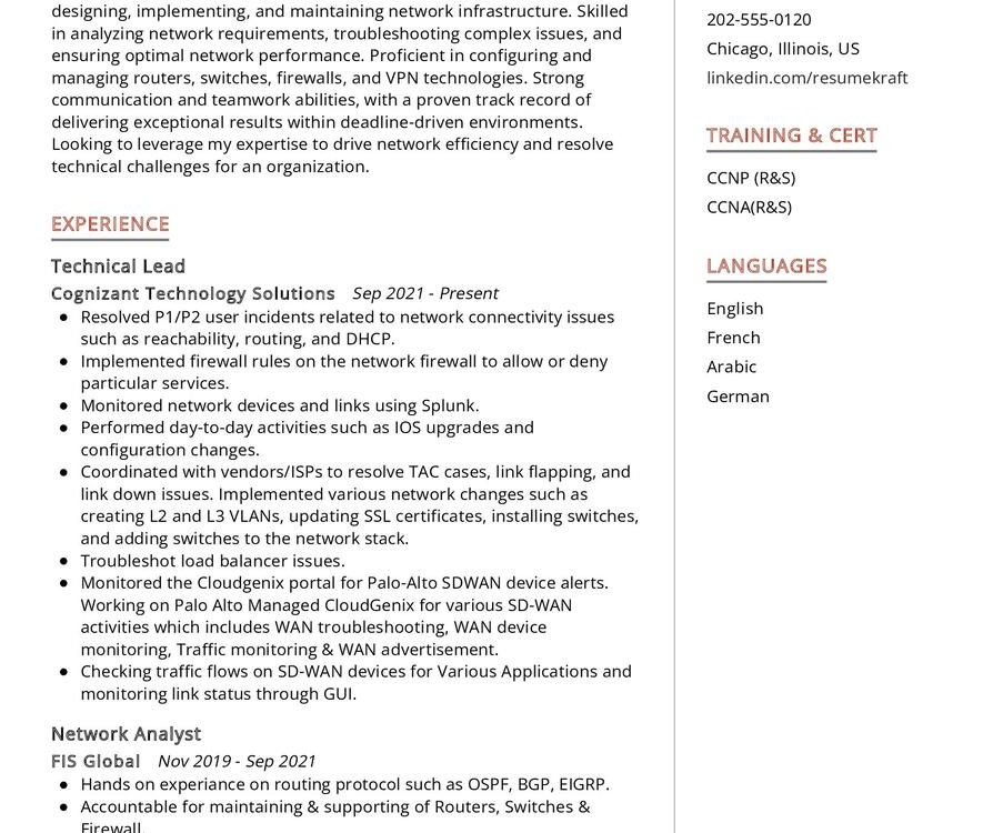 Network Engineer CV Example