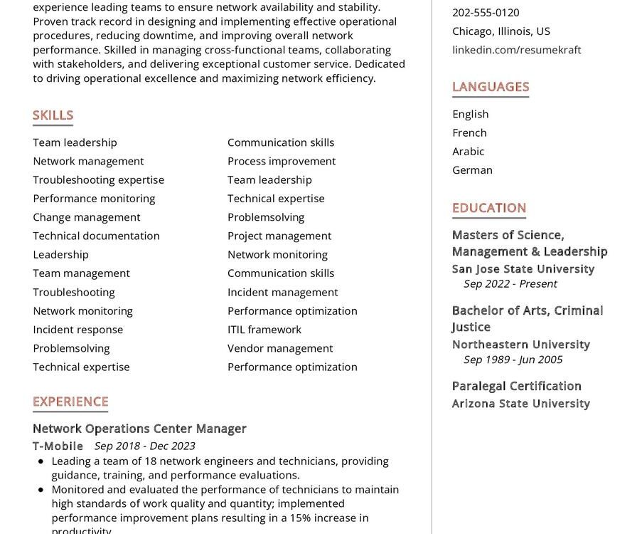 Network Operations Center Manager CV Sample