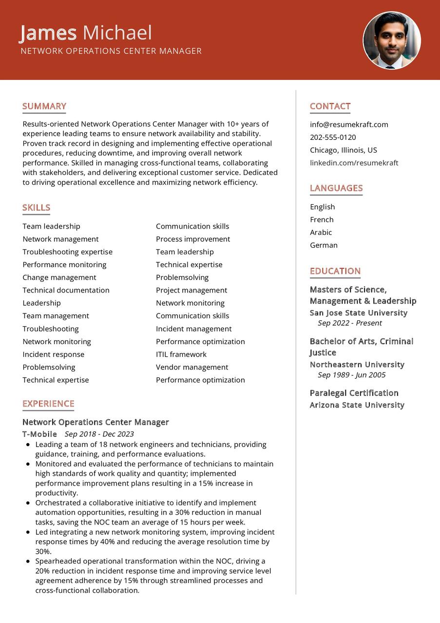 Network Operations Center Manager Cv Sample In 2024 - Resumekraft