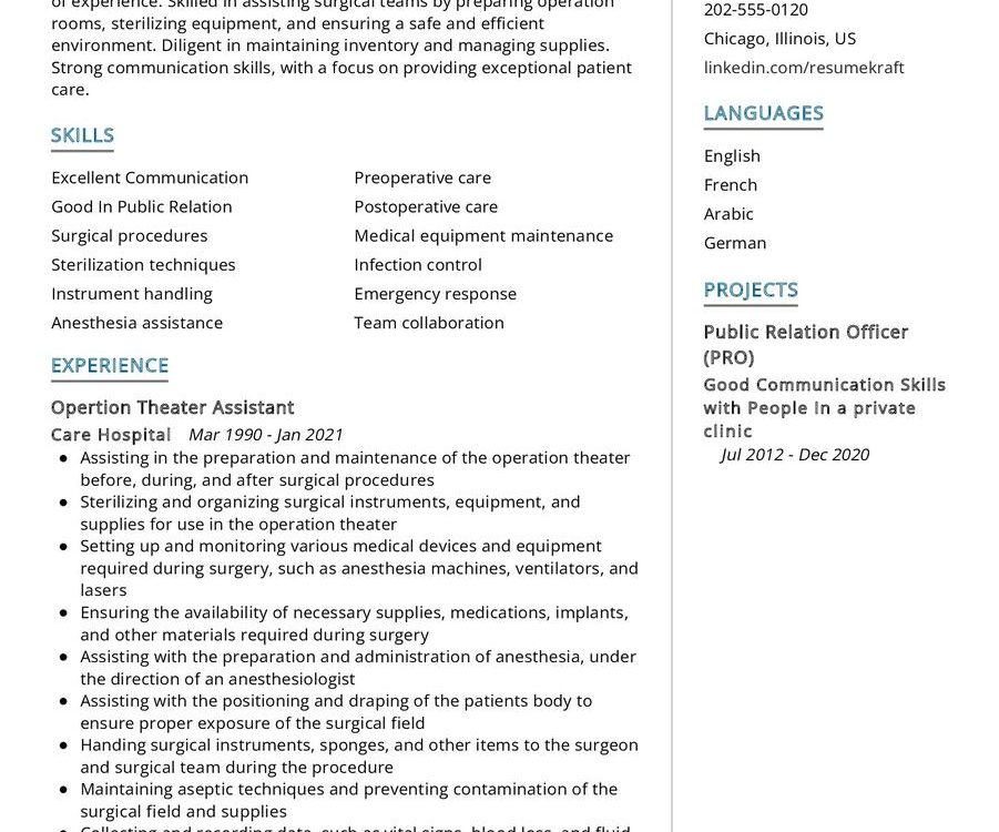 Operation Theater Assistant CV Example