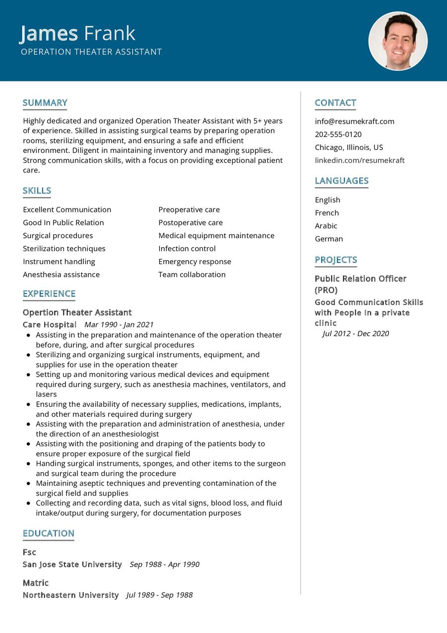 Operation Theater Assistant CV Example in 2024 ResumeKraft