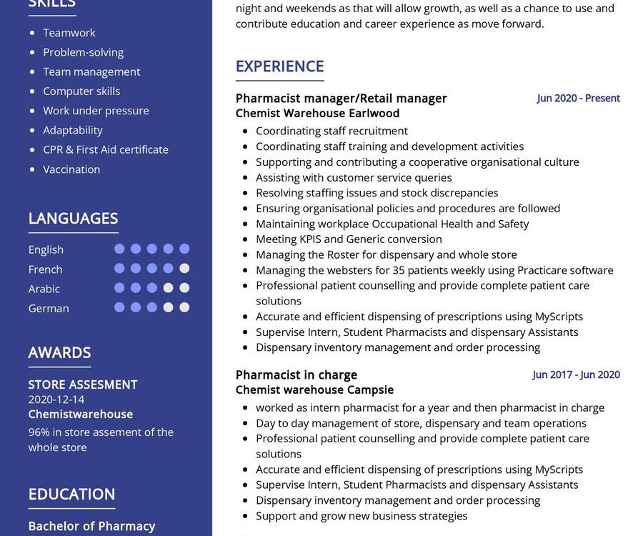 Pharmacist CV Sample In 2024 - ResumeKraft