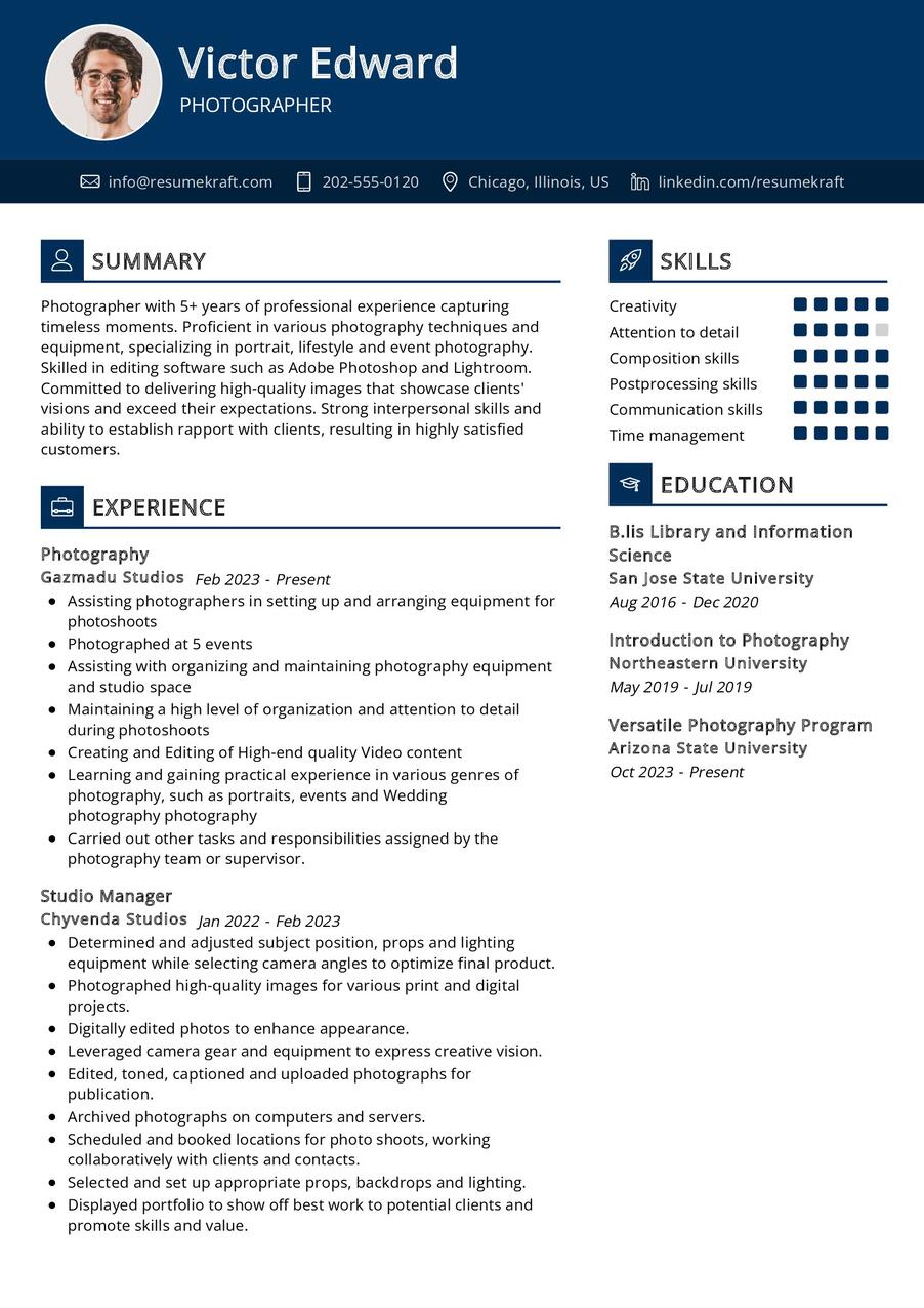 Photographer CV Example in 2024 - ResumeKraft