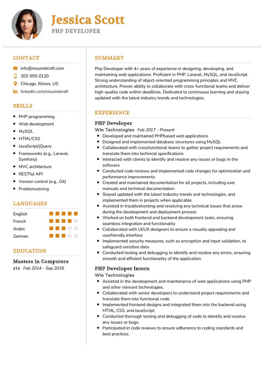 Php Developer CV Sample In 2024 ResumeKraft   Php Developer CV Sample 