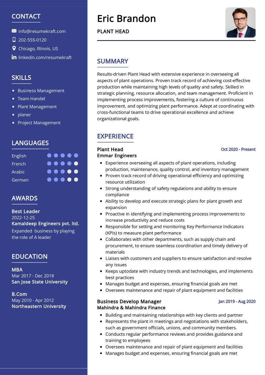 Plant Head CV Sample in 2024 - ResumeKraft