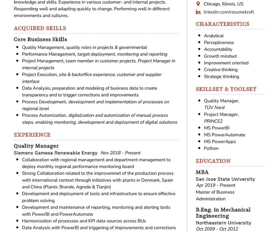 Process & Quality Engineer CV Example
