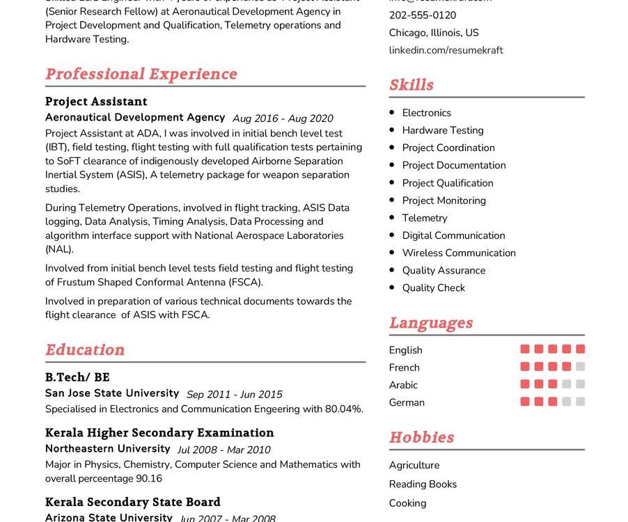 Project Assistant Engineer CV Sample