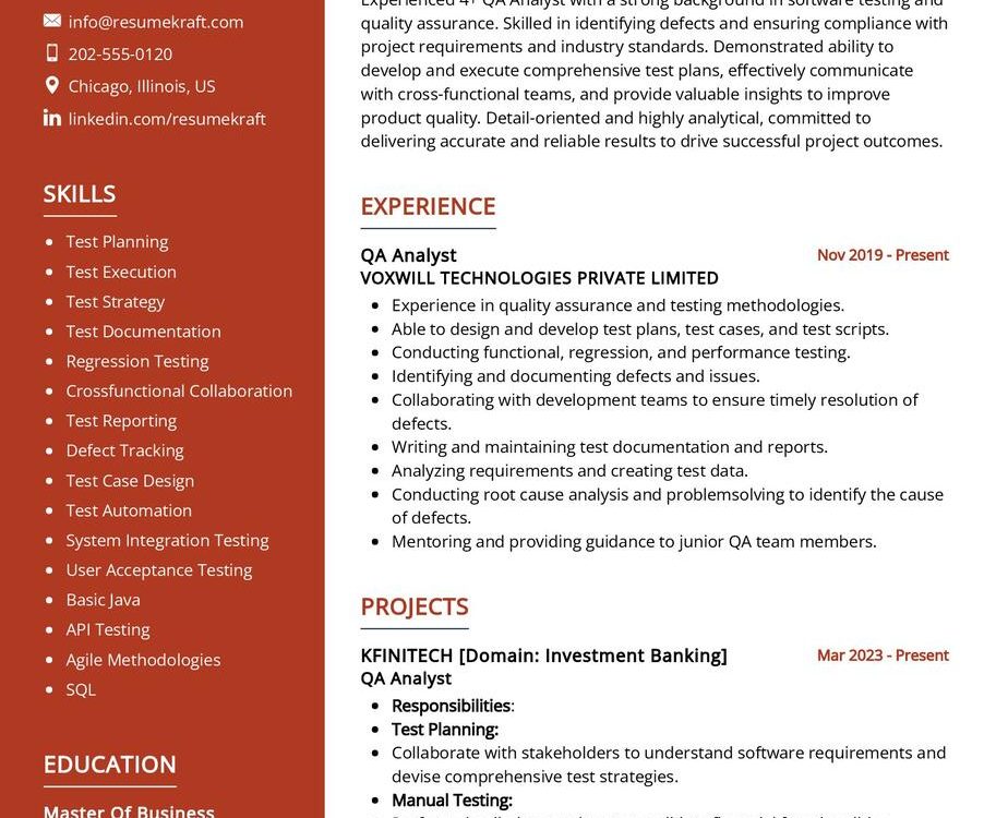 QA Analyst CV Sample