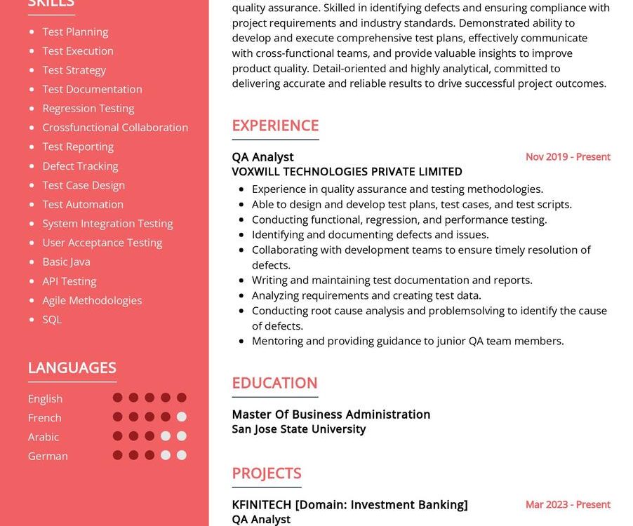 QA Analyst CV Sample