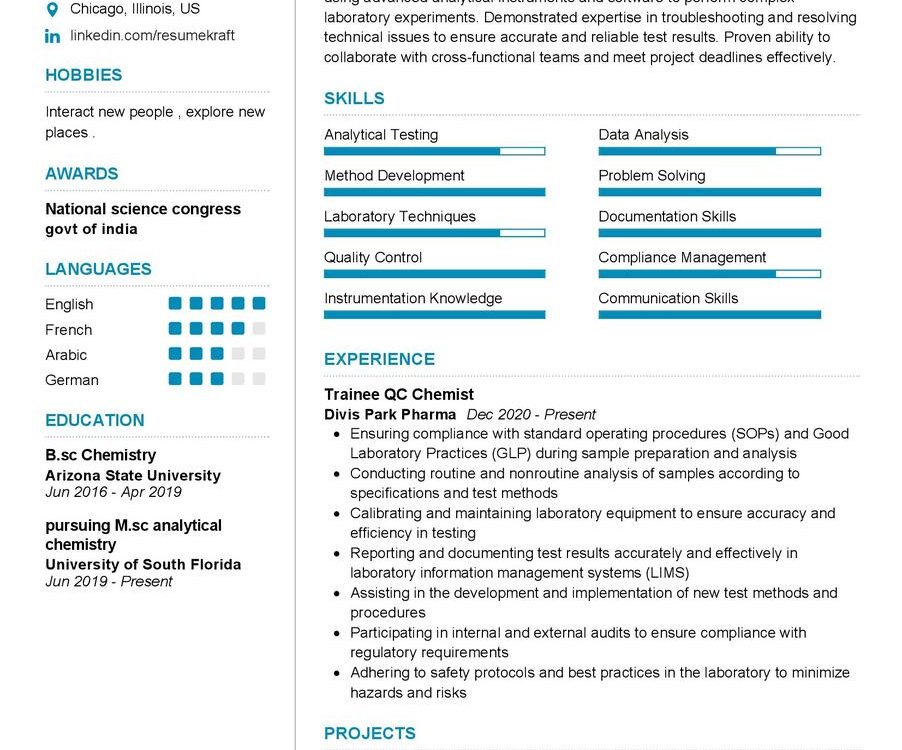 QC Chemist CV Example in 2024 - ResumeKraft