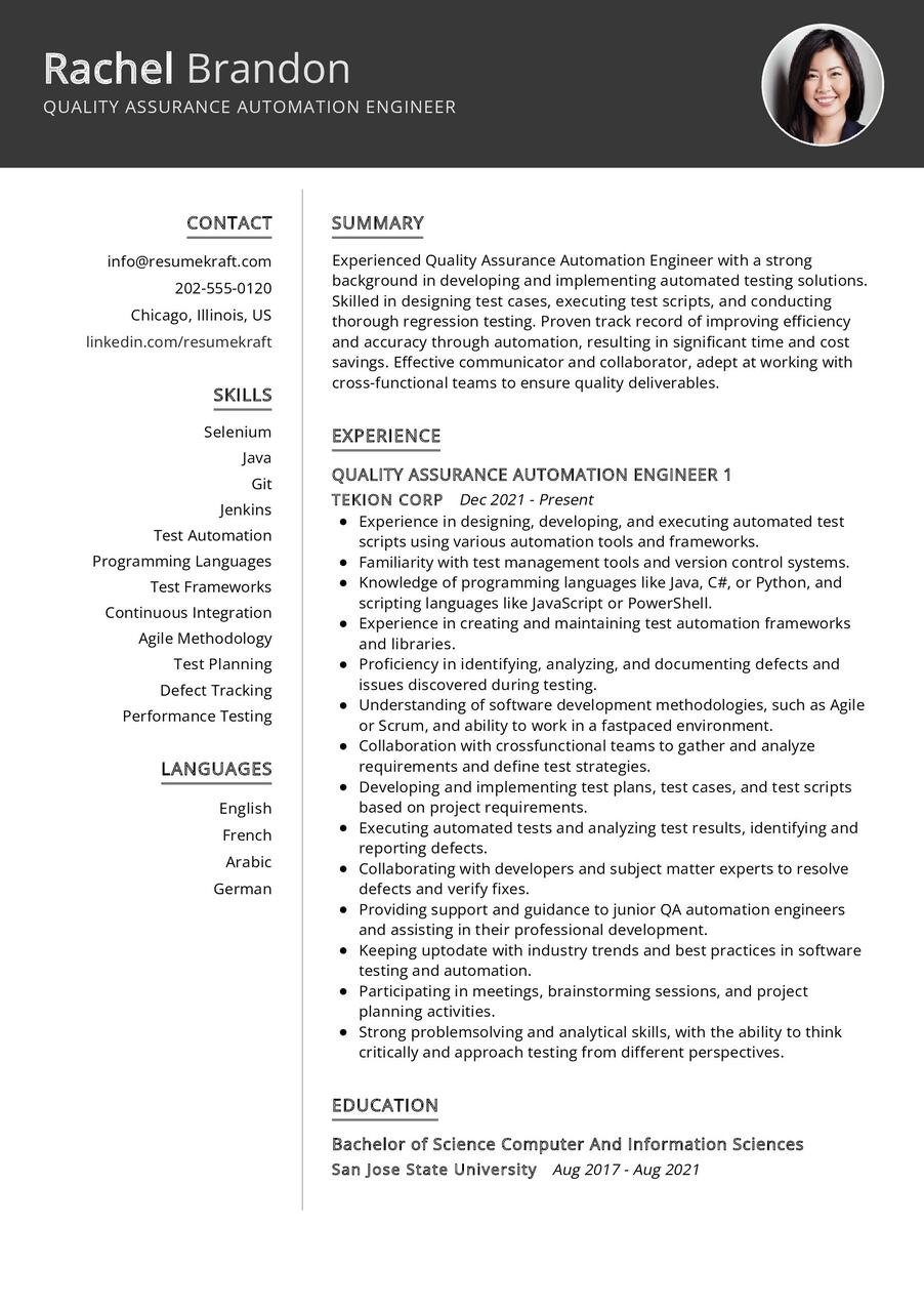 Quality Assurance Automation Engineer CV Sample In 2024 ResumeKraft