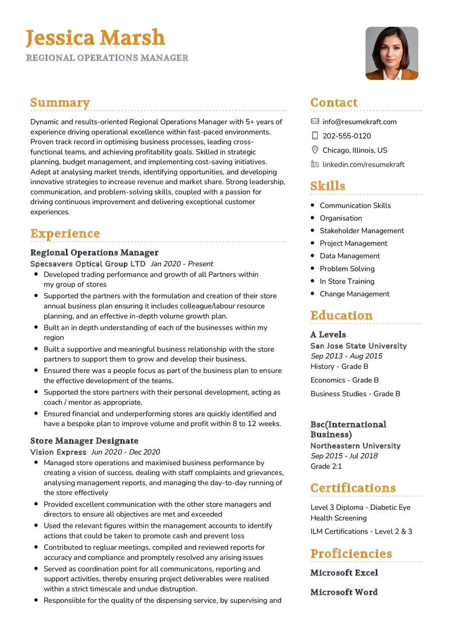 Regional Operations Manager CV Sample in 2024 - ResumeKraft