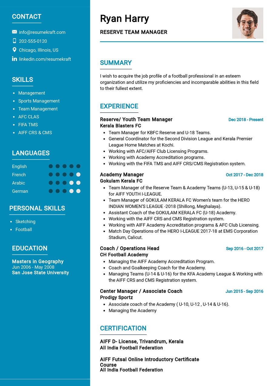Reserve Team Manager CV Example