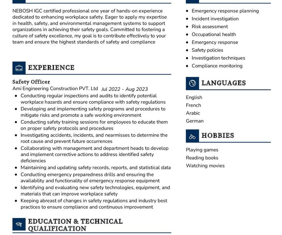 safety officer cv cover letter