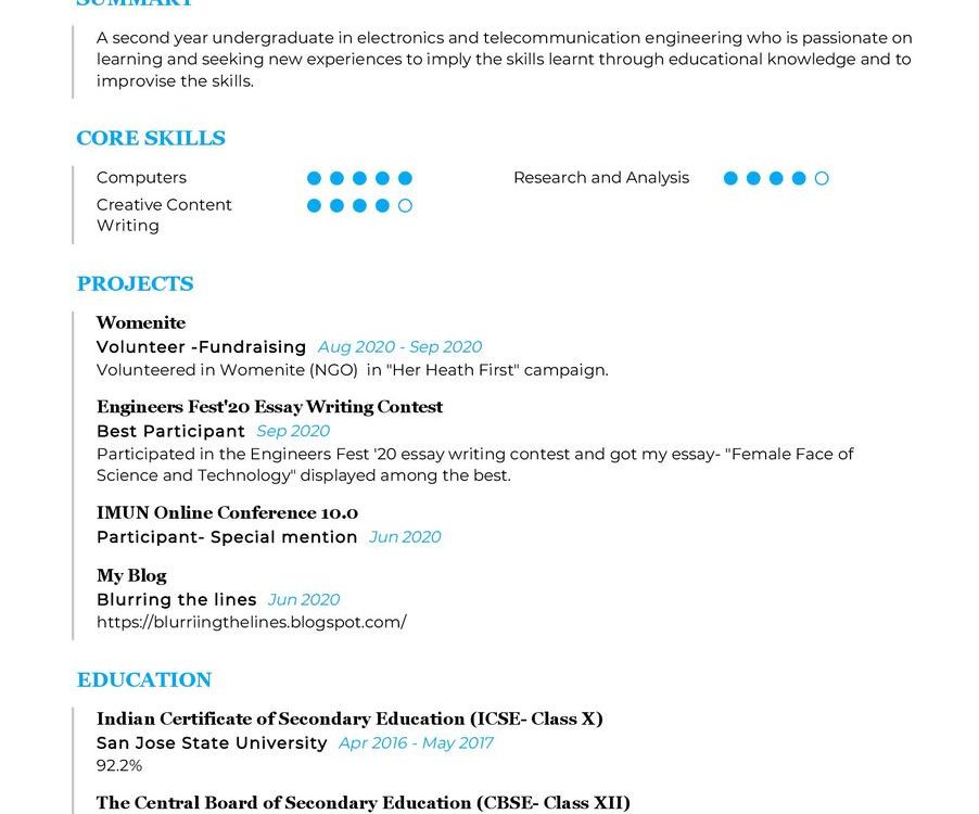 Second Year Undergraduate CV Example