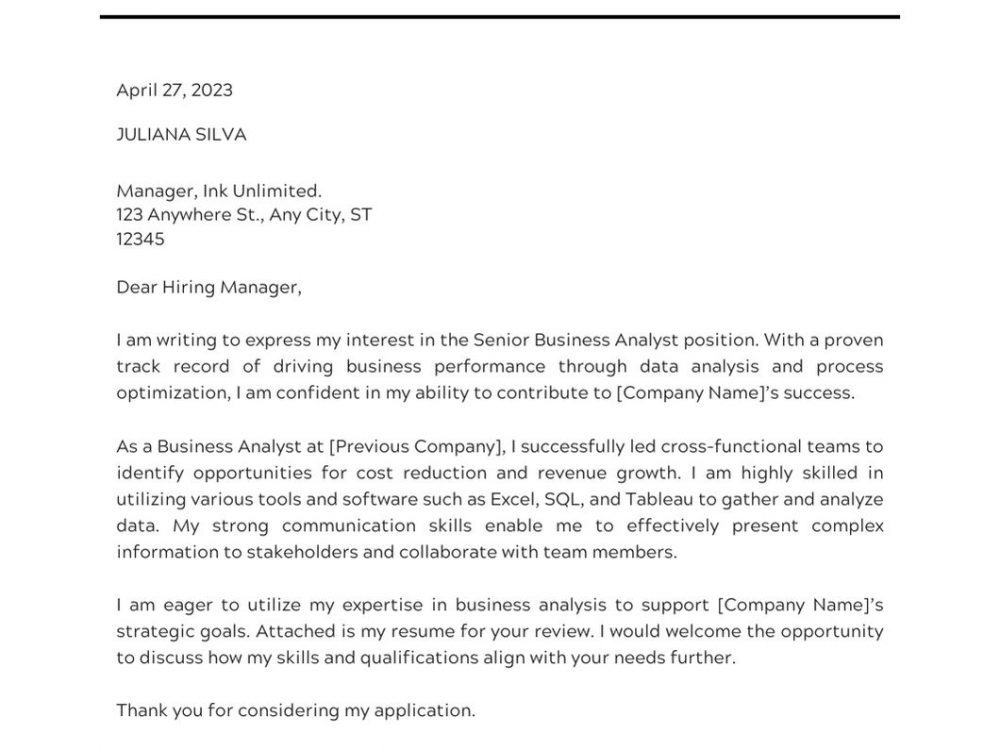 Senior Business Analyst Cover Letter