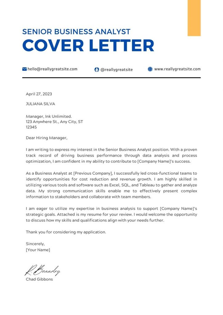 senior business analyst cover letter