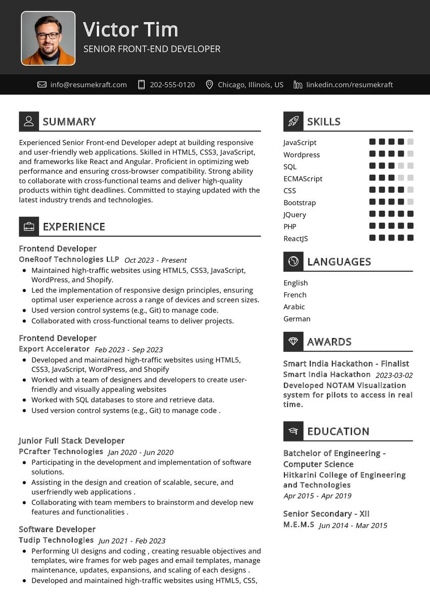 Senior Front-end Developer CV Sample in 2024 - ResumeKraft