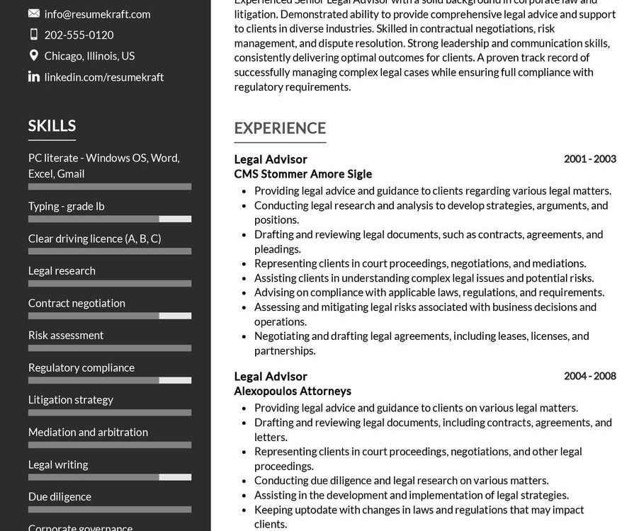 Senior Legal Advisor CV Sample in 2024 - ResumeKraft