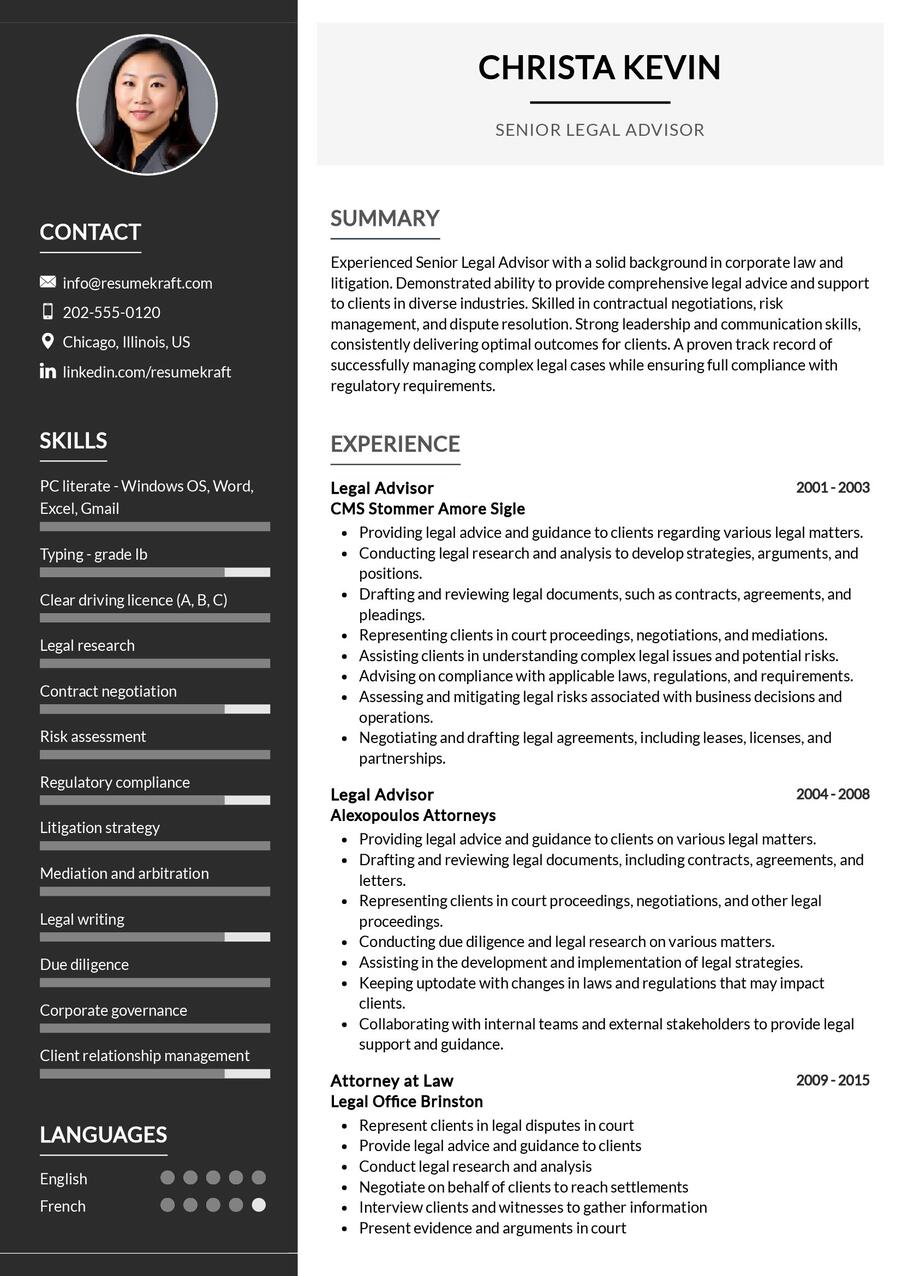 Senior Legal Advisor CV Sample in 2024 - ResumeKraft