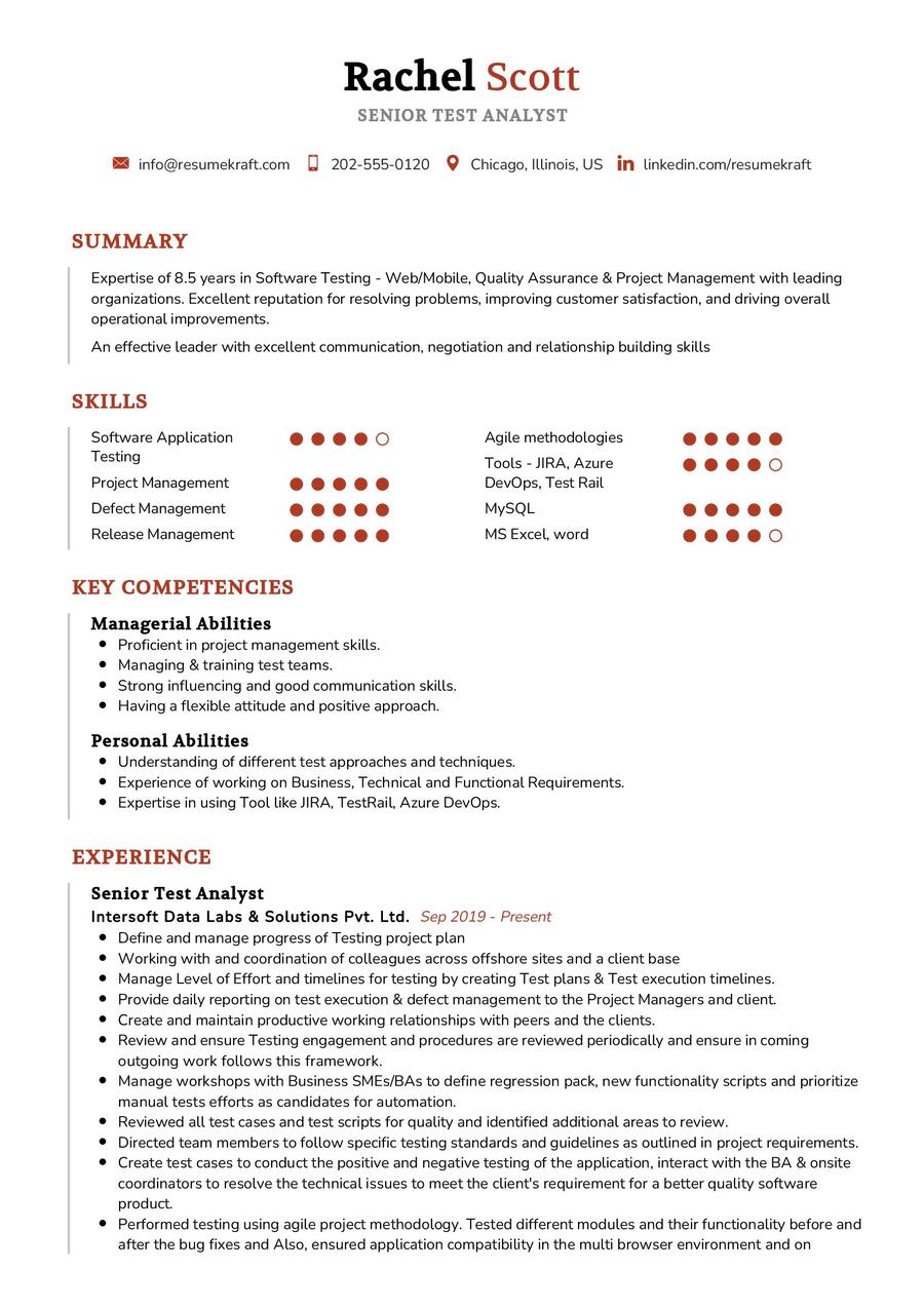 Senior Test Analyst CV Example in 2024 - ResumeKraft