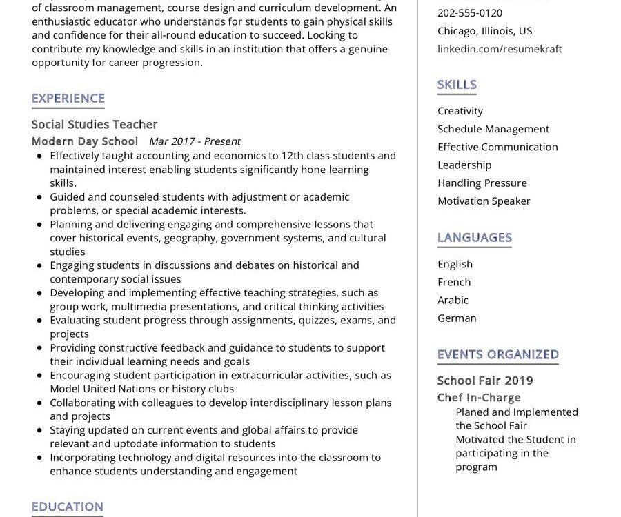 Social Studies Teacher CV Example