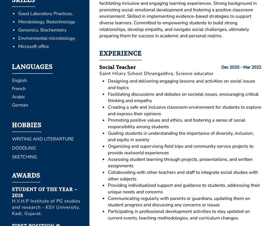 Social Teacher CV Example