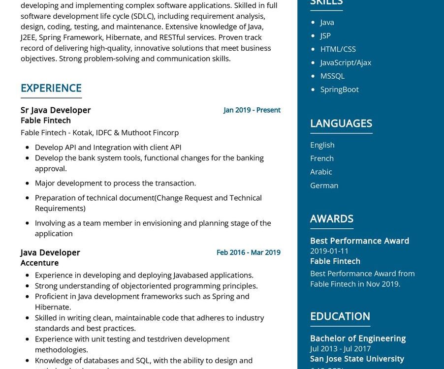 Sr. Java Developer CV Sample in 2024 - ResumeKraft