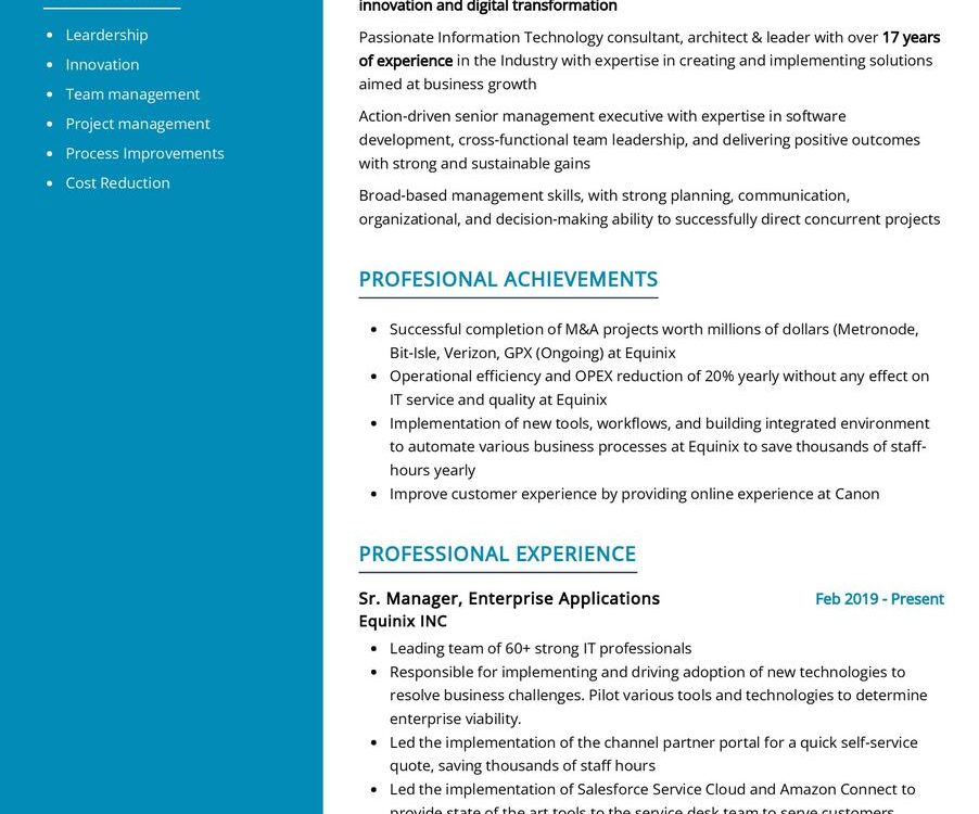 Sr. Manager Enterprise Applications CV Example