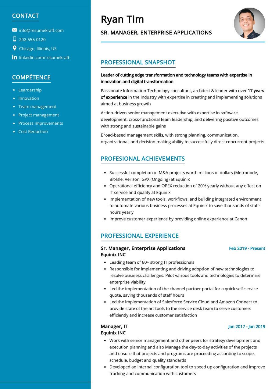 Sr. Manager Enterprise Applications CV Example