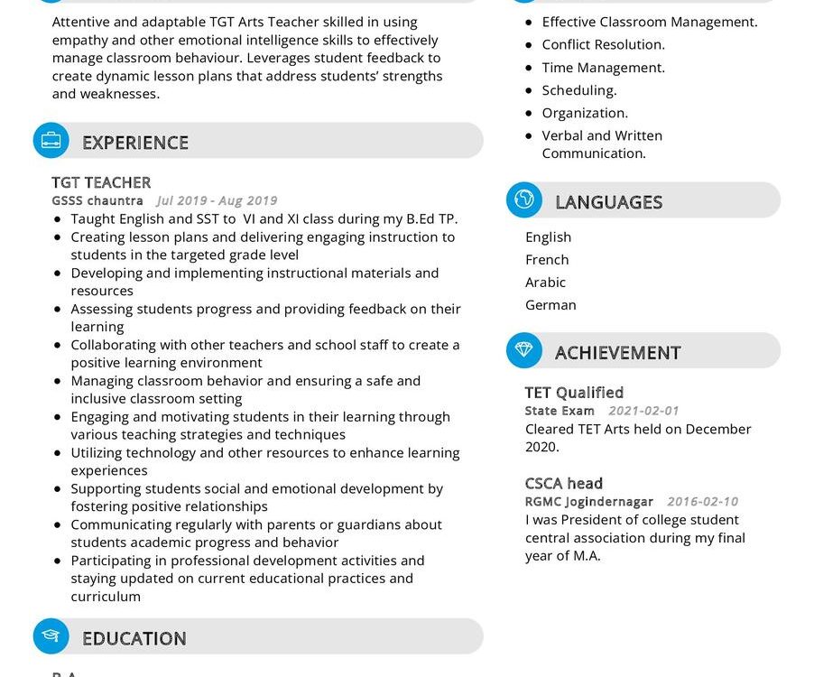 TGT Arts Teacher CV Sample
