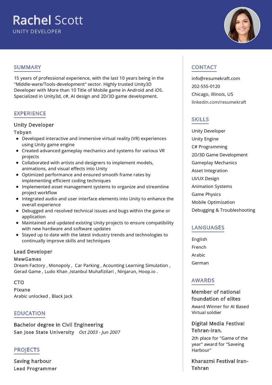 Unity Developer CV Sample in 2024 - ResumeKraft