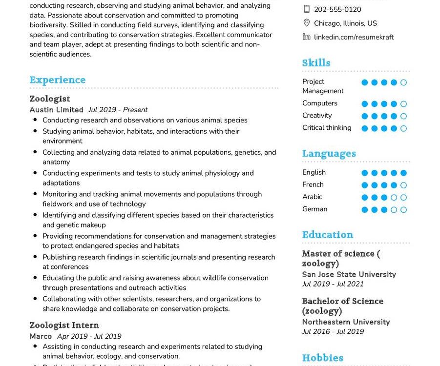 Zoologist CV Example in 2024 - ResumeKraft