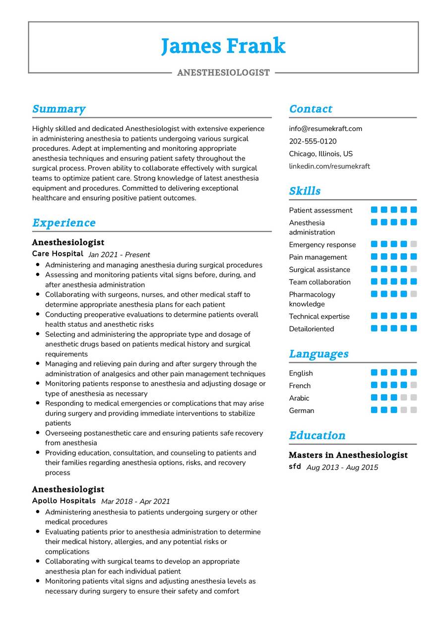 Anesthesiologist Resume Sample In 2024 - ResumeKraft